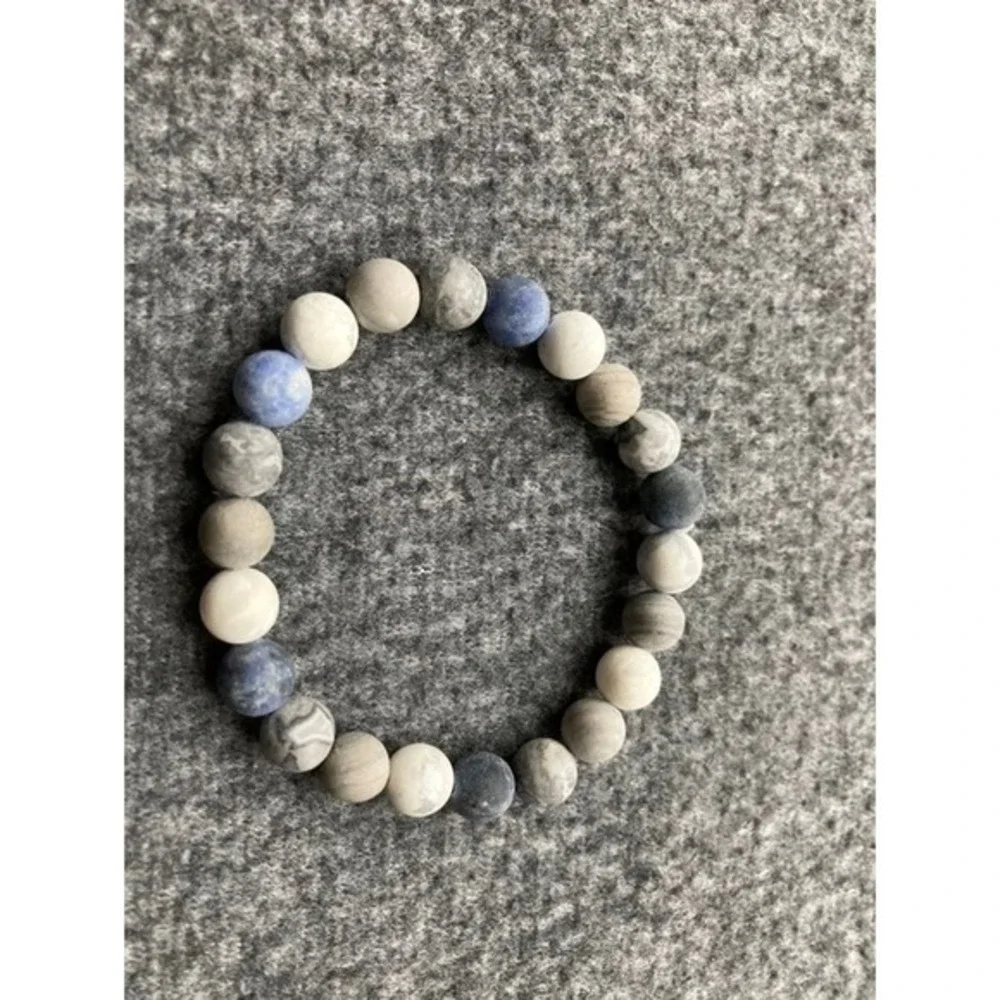 Matte Stone Beaded Stretch Bracelet Gray Blue White‎ Earth Tones